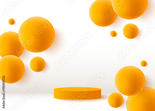 Abstract 3D podium background with orange 3D volumetric balls. Podium for product demonstration.