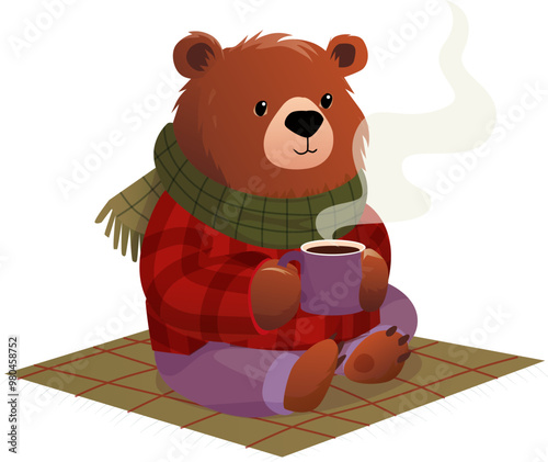 Friendly Bear in a Cozy Flannel Jacket Holding Hot Beverage Vector Illustration, perfect for autumn or winter-themed designs, and cozy storytelling.