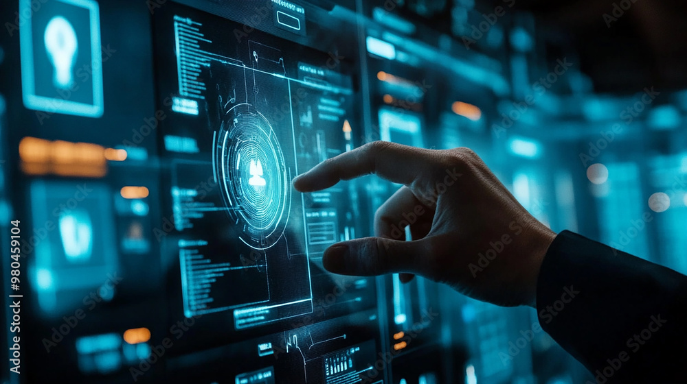 Hand touch visual screen to access AI-driven recruitment tools for HR analytics. Hand touch visual screen to access AI-driven recruitment tools for HR analytics.