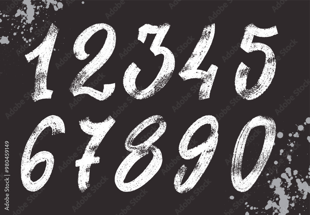 Set of Numbers 1, 2, 3, 4, 5, 6, 7, 8, 9, 0. Brush stroke, marker textured numbers. Stylish hand draw brush painted numbers set. Bold brush drawn grunge. Dirty texture vector. Rough brush strokes.