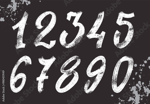 Set of Numbers 1, 2, 3, 4, 5, 6, 7, 8, 9, 0. Brush stroke, marker textured numbers. Stylish hand draw brush painted numbers set. Bold brush drawn grunge. Dirty texture vector. Rough brush strokes.