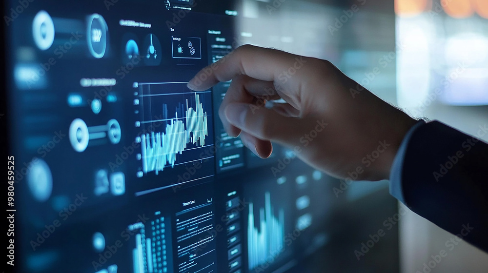 Hand touch visual screen to monitor sales pipelines in CRM dashboard. Hand touch visual screen to monitor sales pipelines in CRM dashboard.