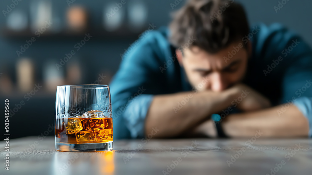 A glass of whiskey sits on a table as a man contemplates life, capturing a moment of reflection and introspection. A glass of whiskey sits on a table as a man contemplates life, capturing a moment of reflection and introspection.