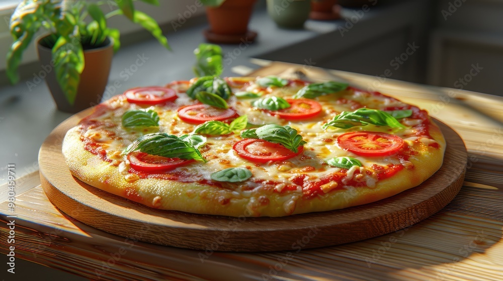 Freshly baked margherita pizza with basil and tomatoes on a wooden board in natural light Freshly baked margherita pizza with basil and tomatoes on a wooden board in natural light