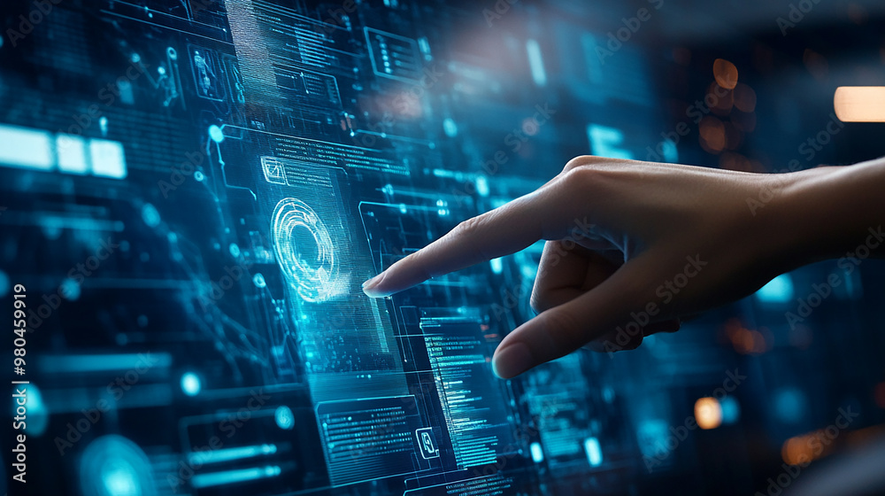 Hand touch visual screen to review training and development programs in HR platform. Hand touch visual screen to review training and development programs in HR platform.