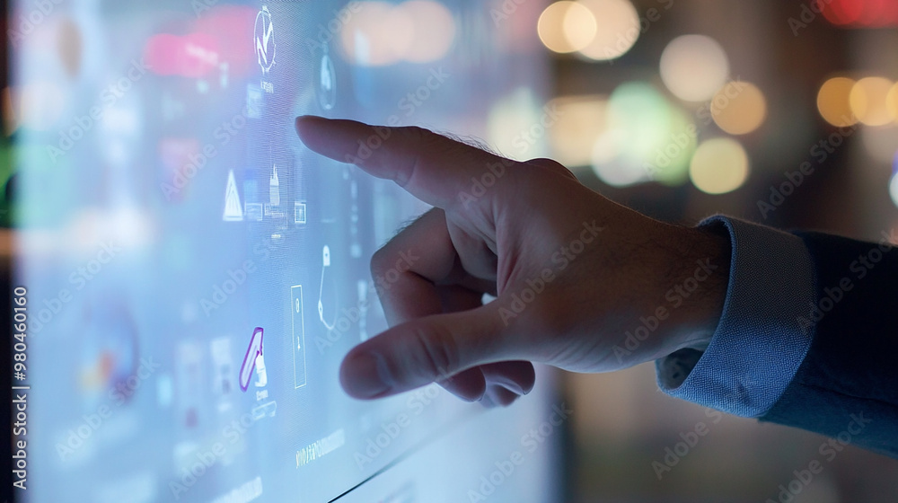 Hand touch visual screen to synchronize cross-departmental data in integrated CRM-HR system. Hand touch visual screen to synchronize cross-departmental data in integrated CRM-HR system.