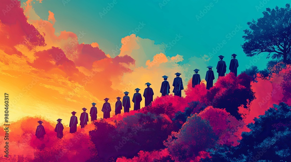 Graduating Class Ascending a Hill at Sunset Graduating Class Ascending a Hill at Sunset