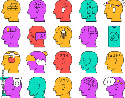 Neurosis Brain Problem Collection Icons Set Vector. Patient Neurosis And Disorder, Persecution Mania And Panic, Confused And Disorientation Contour Illustrations