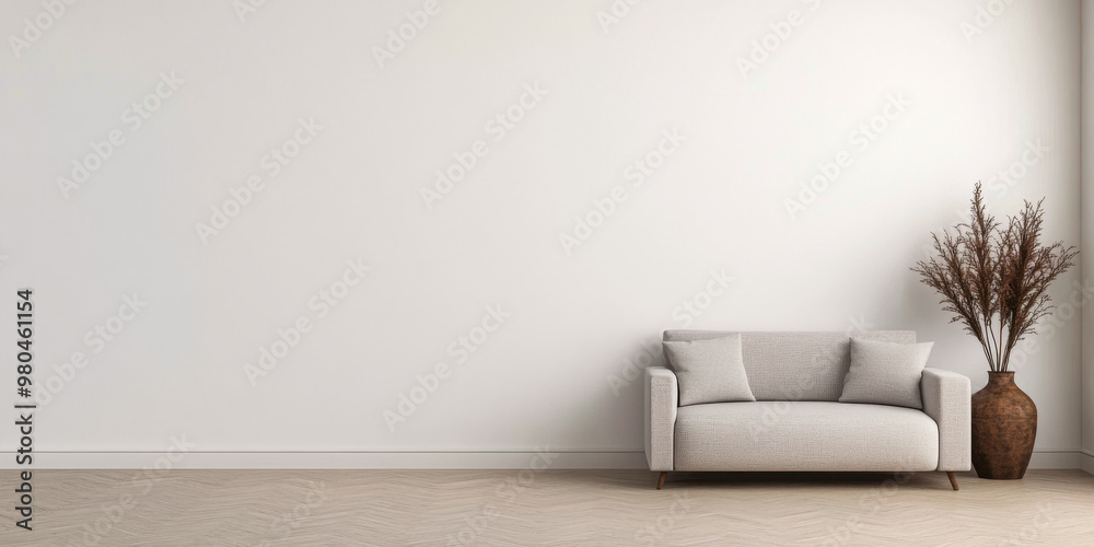 Cozy living room corner with a modern sofa and decorative vase in a bright, minimalist setting