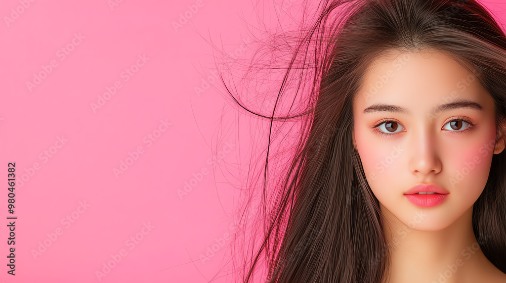 A portrait of a young woman with long hair, soft makeup, and a serene expression against a vibrant pink background. A portrait of a young woman with long hair, soft makeup, and a serene expression against a vibrant pink background.