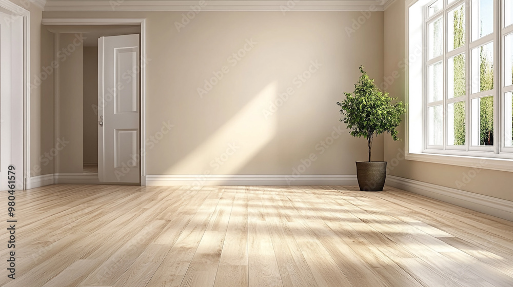 Obraz premium Classic empty room with big window, fireplace and herringbone wooden parquet floor, Empty room interior background.