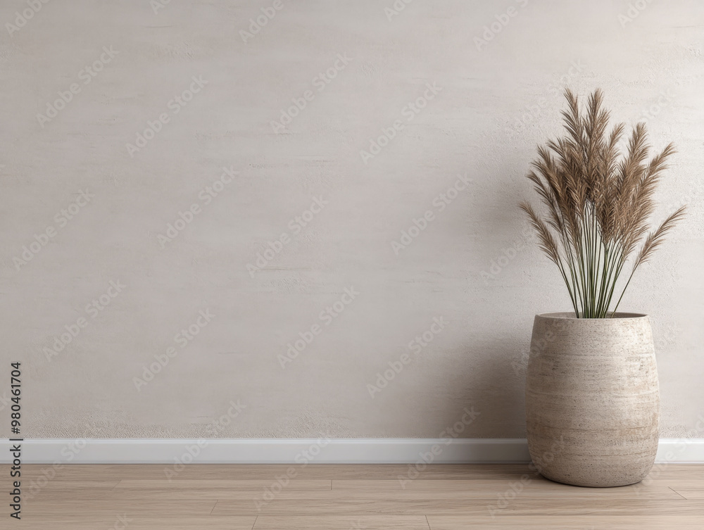 Fototapeta premium A minimalist interior featuring a simple beige vase with pampas grass against a neutral wall and wooden flooring in a spacious room