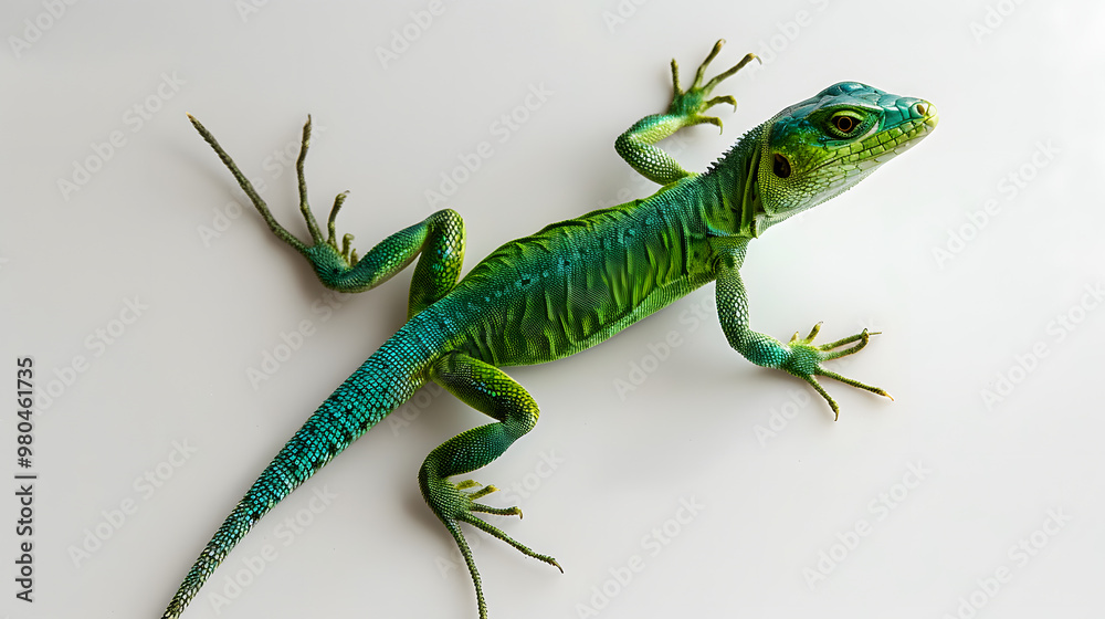 Fototapeta premium A top down view of a whole green lizard on a plain white surface