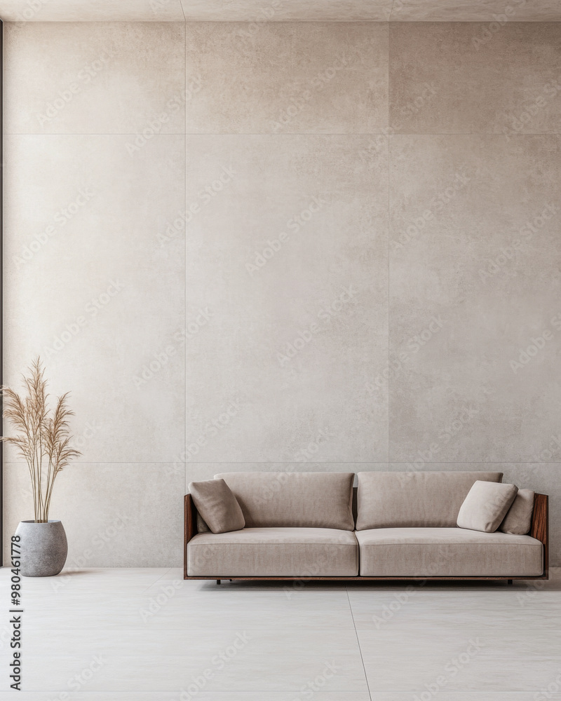 © JuanM - Modern minimalism in a contemporary living room featuring a simple sofa and decorative plant in a neutral-toned space © JuanM - Modern minimalism in a contemporary living room featuring a simple sofa and decorative plant in a neutral-toned space