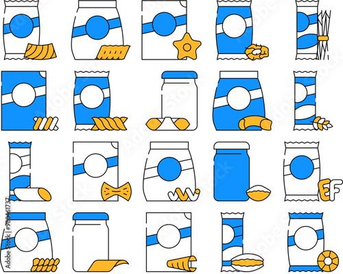 Pasta Food Package Collection Icons Set Vector. Gnocchetti Sardi And Rigatoni, Fusilli And Farfalle, In Spiral Form And Alphabet Shape Pasta Contour Illustrations