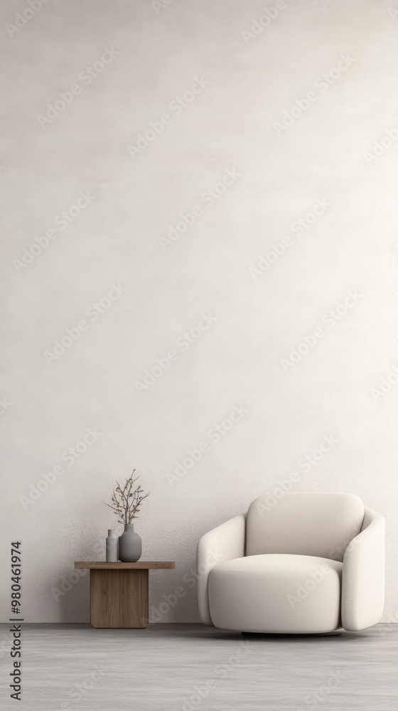 Modern minimalist living space featuring a cozy chair and a simple side table with decor elements in a softly lit environment Modern minimalist living space featuring a cozy chair and a simple side table with decor elements in a softly lit environment