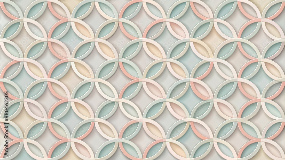 Soft pastel hues combine in a serene geometric pattern of interlocking circles, creating a calming and visually striking minimalist design for modern spaces.