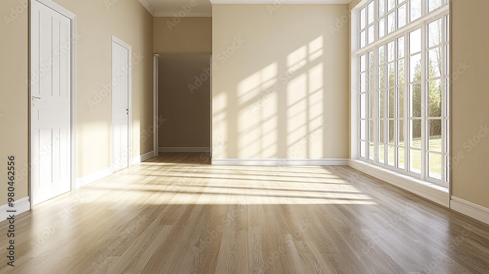 Empty room interior design, open space with big panoramic window, interior of new apartment, empty living room, tiled floor.