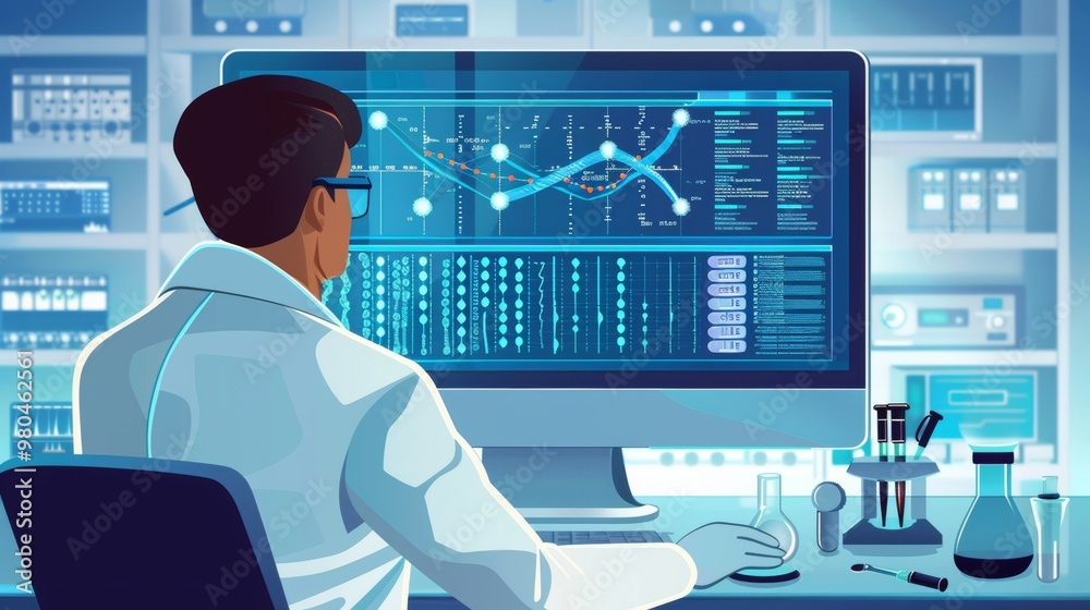 A scientist analyzing genetic data on a computer screen, with DNA double helix graphics and laboratory tools surrounding the workstation cartoon Vector Illustration A scientist analyzing genetic data on a computer screen, with DNA double helix graphics and laboratory tools surrounding the workstation cartoon Vector Illustration
