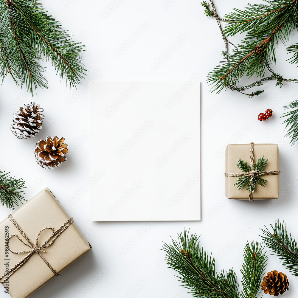 A mockup of an empty square, blank white card, decorated with Christmas decorations and wrapped gifts on the side A mockup of an empty square, blank white card, decorated with Christmas decorations and wrapped gifts on the side