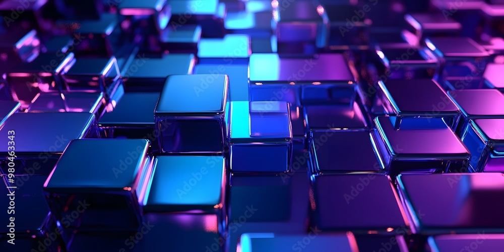 3D render, an abstract geometric background with neon cubs blue and purple lights shining on the wall blocks 3D render, an abstract geometric background with neon cubs blue and purple lights shining on the wall blocks