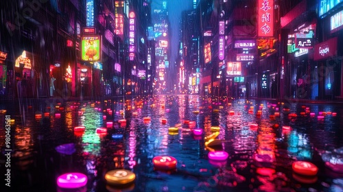 Neon Nights: Urban Street Scene with Digital Currency Capsules Reflecting the Cityscape – Perfect Poster for Modern Sports Interiors and Tech Enthusiasts