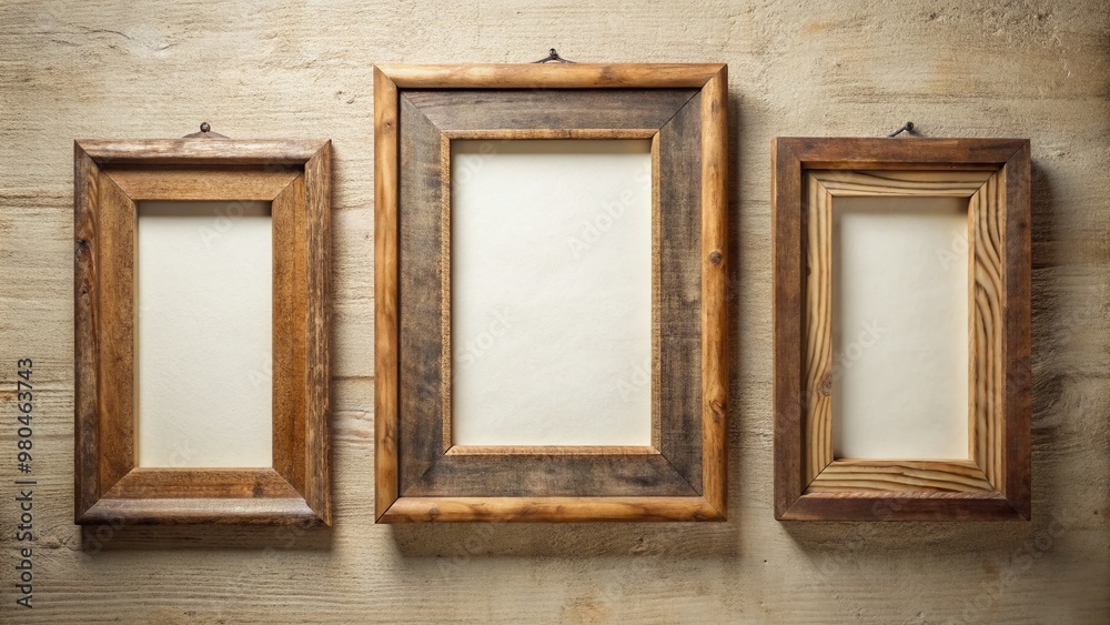 Three rustic wooden picture frames of varying sizes hang symmetrically on a light beige wall, showcasing a blank canvas, awaiting personal touches and cherished memories. Three rustic wooden picture frames of varying sizes hang symmetrically on a light beige wall, showcasing a blank canvas, awaiting personal touches and cherished memories.