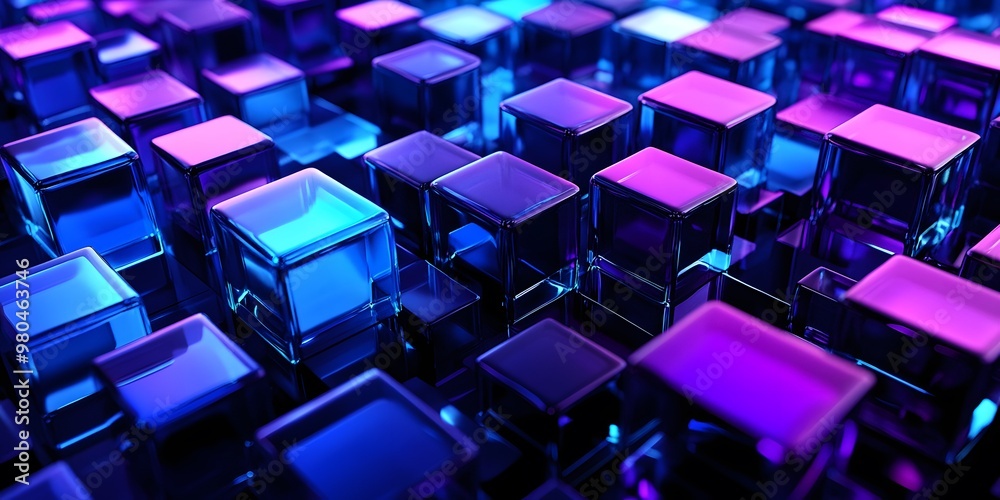 3D render, an abstract geometric background with neon cubs blue and purple lights shining on the wall blocks 3D render, an abstract geometric background with neon cubs blue and purple lights shining on the wall blocks