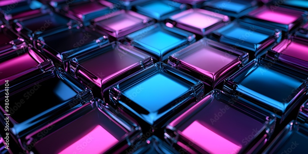 3D render, an abstract geometric background with neon cubs blue and purple lights shining on the wall blocks 3D render, an abstract geometric background with neon cubs blue and purple lights shining on the wall blocks