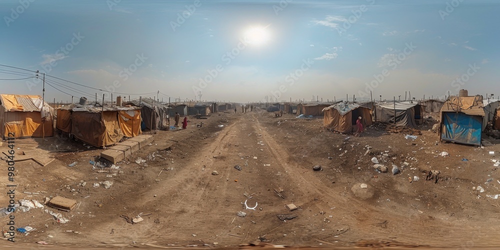 An immersive 360-degree panorama of a refugee camp in a conflict zone, where displaced families seek shelter and An immersive 360-degree panorama of a refugee camp in a conflict zone, where displaced families seek shelter and