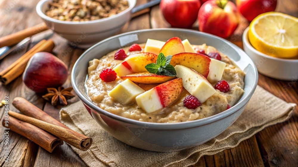 Warm steaming bowl of creamy apple cinnamon oatmeal topped with melted butter, fresh fruit slices, and sprinkled with cinnamon, inviting a cozy morning start. Warm steaming bowl of creamy apple cinnamon oatmeal topped with melted butter, fresh fruit slices, and sprinkled with cinnamon, inviting a cozy morning start.
