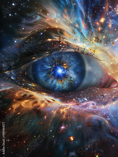 A close-up of a blue eye surrounded by a vortex of stars and galaxies, with light rays emanating in all directions. The eye is positioned in the center of an array of colorful planets photo