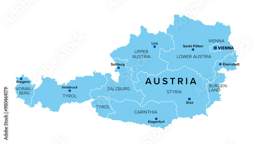 Silhouette of Austria with federal states, blue political map. The Republic of Austria, a landlocked country in Central Europe with its capital Vienna, consisting of nine federal states or provinces.