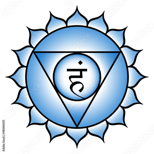 Vishuddha, or Vishuddhi, the Throat chakra and purification center. Fifth chakra located at the throat region. Blue lotus with 16 petals, triangle, circle, and seed syllable Ham for space and Akasha.