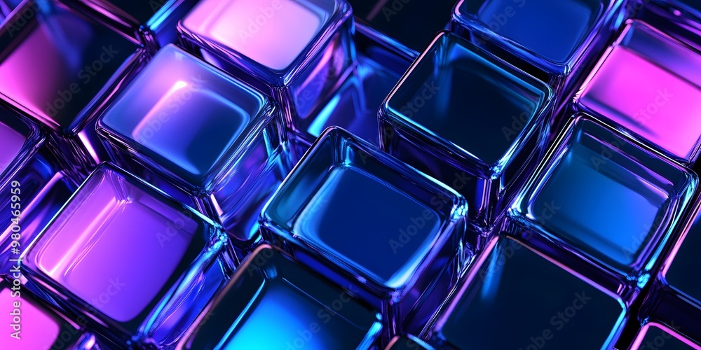 3D render, an abstract geometric background with neon cubs blue and purple lights shining on the wall blocks 3D render, an abstract geometric background with neon cubs blue and purple lights shining on the wall blocks