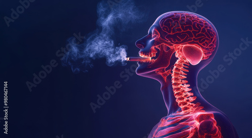 An animation of the human neck and head in profile, showing some red glowing areas around all bones, highlighting spine with brain,In her mouth smoking cigarette, and smoke rises from it  photo