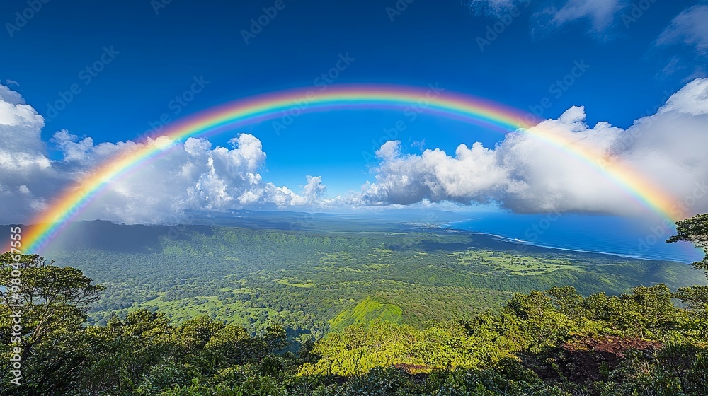 Rainbow Arcing Over Lush Green Valley and Coastline Rainbow Arcing Over Lush Green Valley and Coastline