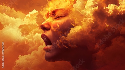 Fiery Fury: An Artistic Poster of a Person's Anger Captured in Vibrant Orange and Yellow Clouds, Set Against Rich Reds – Perfect for Sports Interiors and Dynamic Spaces!