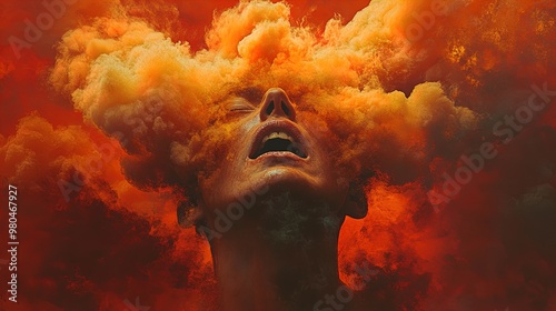 Fiery Fury: An Artistic Poster of a Person's Anger Captured in Vibrant Orange and Yellow Clouds, Set Against Rich Reds – Perfect for Sports Interiors and Dynamic Spaces!