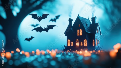 A spooky mansion with flickering candlelight in the windows, and bats flying around the gables.