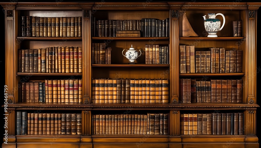 A full bookshelf of antique leather-bound books. A full bookshelf of antique leather-bound books.