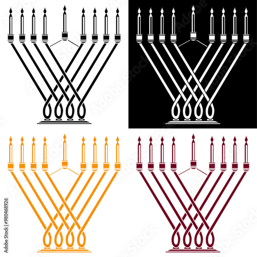 Hanukkah Menorah (Hanukkiah) with Candles. Vector Symbol Illustration