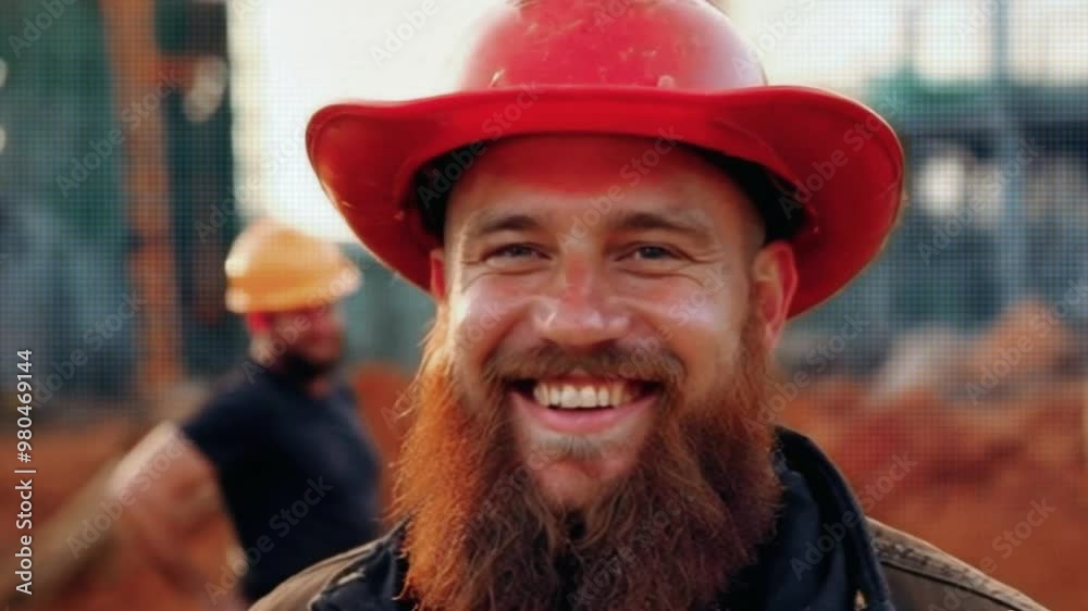 Construction worker with a red hardhat and a big smile looks directly at the camera. Construction worker with a red hardhat and a big smile looks directly at the camera.