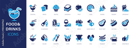 Food & drinks flat icons set. Restaurant, meal, meat, vegetables, fish, dishes, fruit, milk, pizza icons and more signs. Flat icon collection.