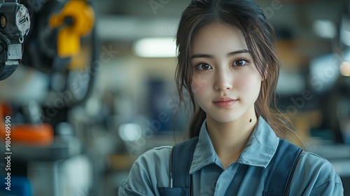 Young Woman in a Blue Uniform Standing in a Factory