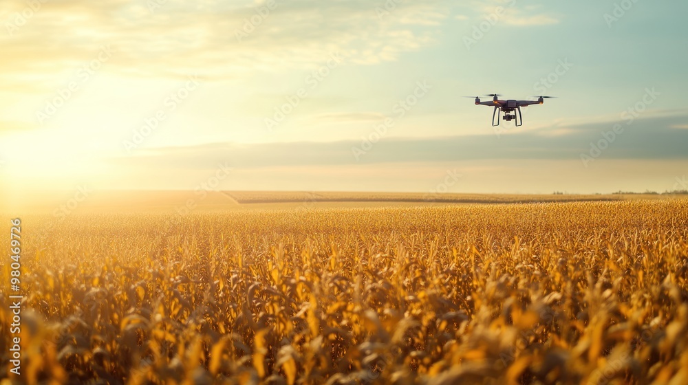 A drone flying over a vast field of crops, capturing real-time data on plant health and growth, with the horizon and sky in the background Close-up photo with clean background A drone flying over a vast field of crops, capturing real-time data on plant health and growth, with the horizon and sky in the background Close-up photo with clean background