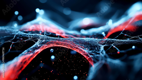Microscopic view of nanobots reconstructing fiber threads in a torn fabric, intricate details, self-healing materials, sustainable textiles