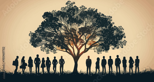 Business Professionals Standing on Logical Tree Chart Symbolizing Teamwork and Organizational Growth, Silhouette Vector Illustration, Collaborative Work Concept