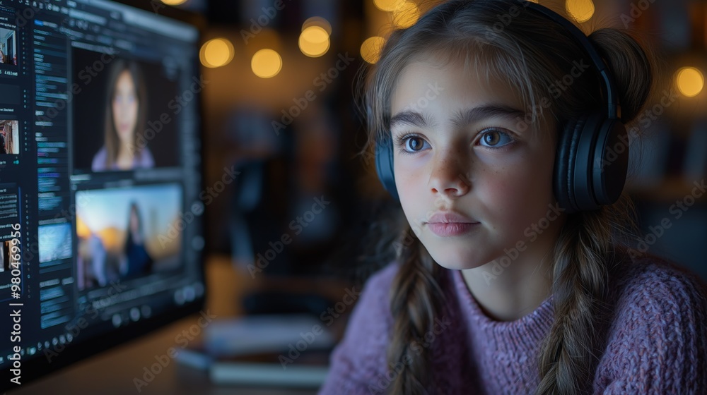 Young Girl with Headphones Immersed in Online Education, Surrounded by Colorful Neon Lights Creating a Futuristic Learning Environment Young Girl with Headphones Immersed in Online Education, Surrounded by Colorful Neon Lights Creating a Futuristic Learning Environment