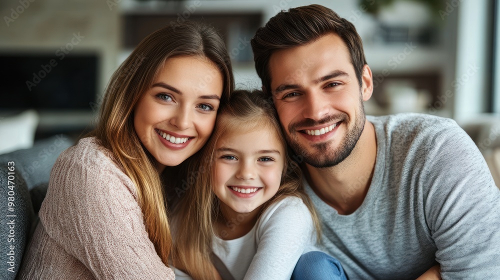 A father, mother, and daughter posing for a portrait at home,